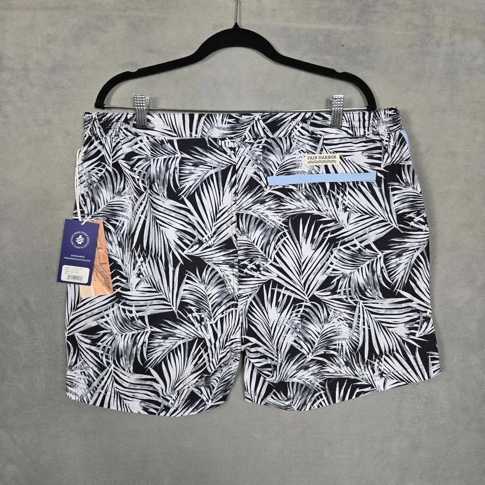 Fair Harbor‎ Swim Trunks Mens 38 Lined black white palm stretch the sextant NEW